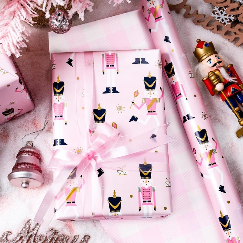 Yarcony Reversible Nutcracker Wrapping Paper, Pink Christmas Wrapping Paper, Pastel Pearly-Lustre Nutcracker and Plaid Design Christmas Gift Wrap for Holiday, Party (Mini Roll, 17 Inch X 33 Feet) - Image 4